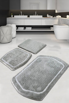 Bathroom carpet set with triple pieces, gray acrylic, non-slip