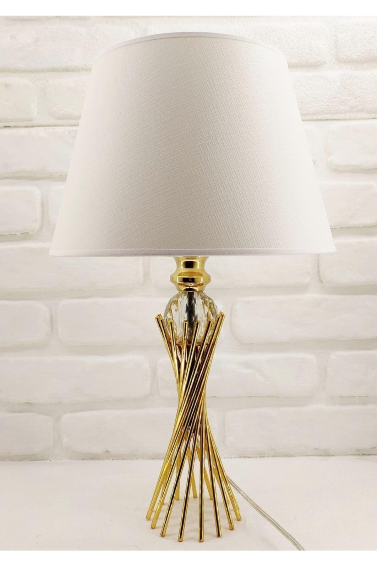 Gold Plated Twirl Metal Leg Crystal Glass Bulk White Cap Lampshade Table Lamp - Swordslife