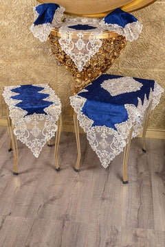 Blue velvet living room table set with gold lace accents