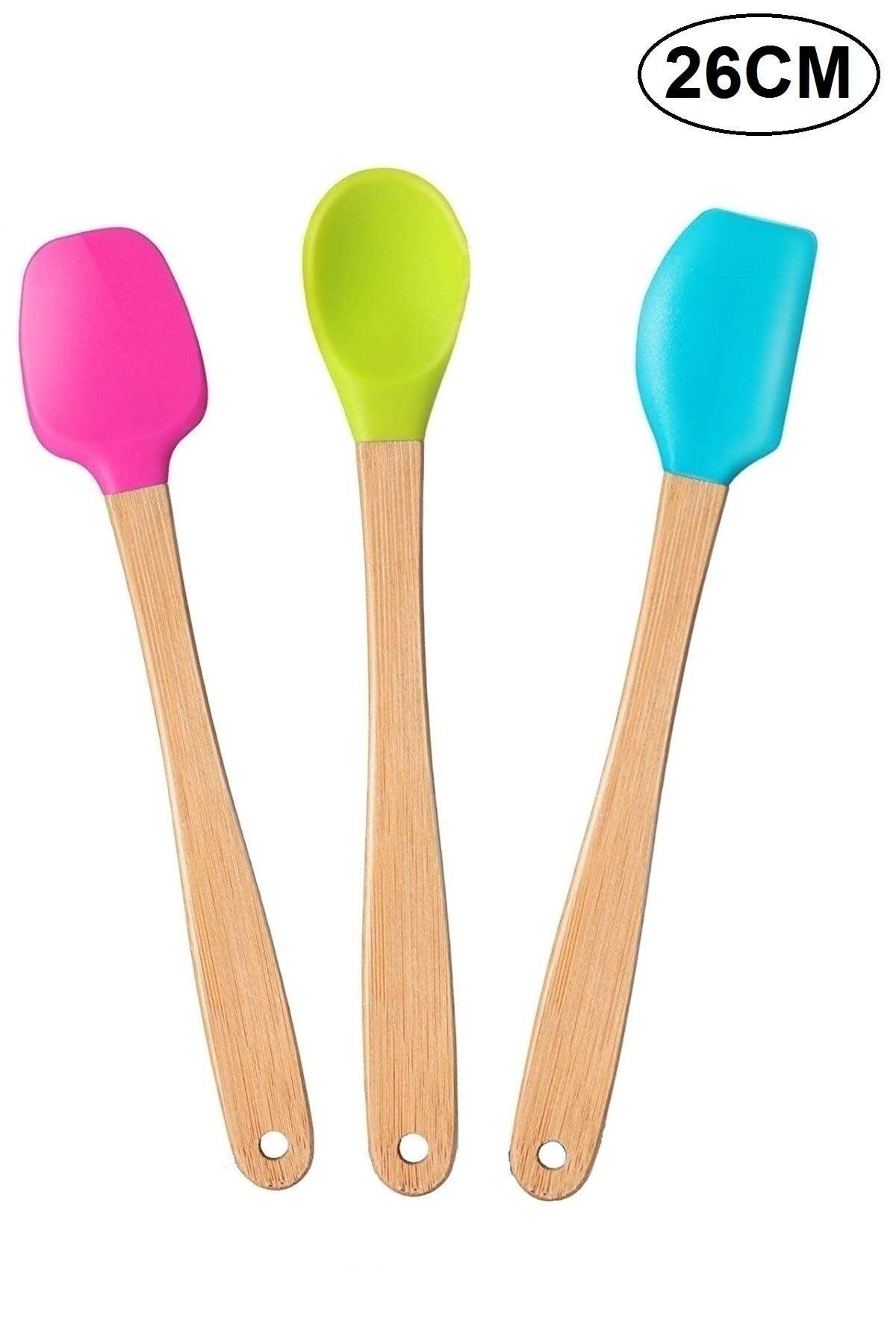 Indigo Set of 3 Colorful Bamboo Handle Silicone Spatulas Long 26cm - Swordslife