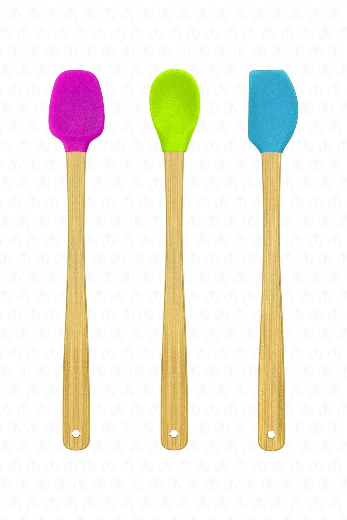 Indigo Set of 3 Colorful Bamboo Handle Silicone Spatulas Long 26cm - Swordslife