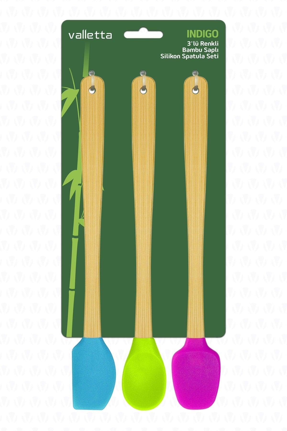 Indigo Set of 3 Colorful Bamboo Handle Silicone Spatulas Long 26cm - Swordslife