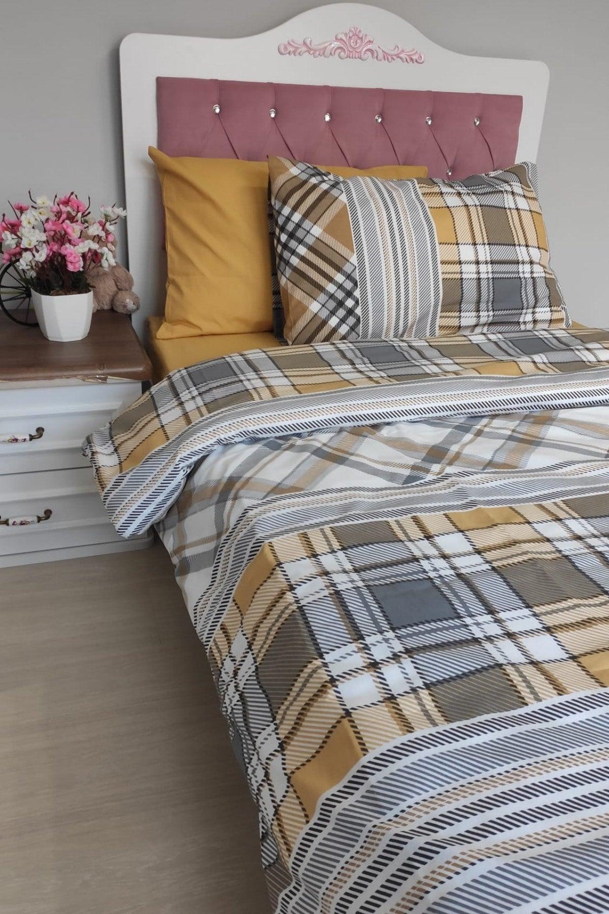 Checkered Mustard Plaid Junior Elastic Linen Single Duvet Cover Set - Swordslife