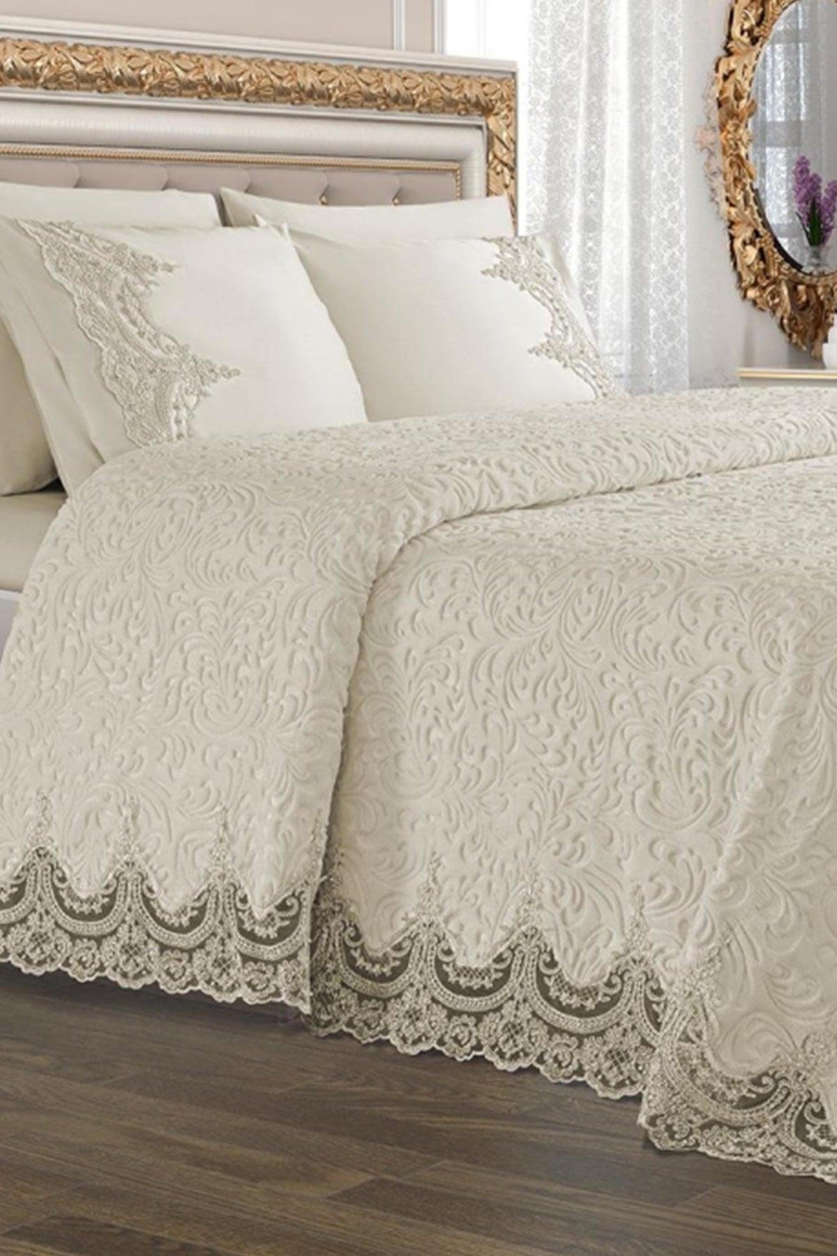 Cream Double French Guipure Dowry Blanket Set Arus Cream 206166 - Swordslife