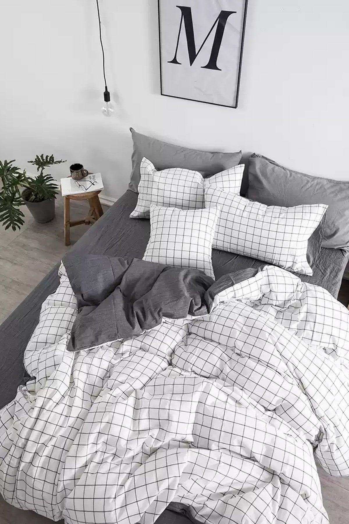 Elastic Bed Linen Duvet Cover Set Double White Small Square White Gray - Swordslife