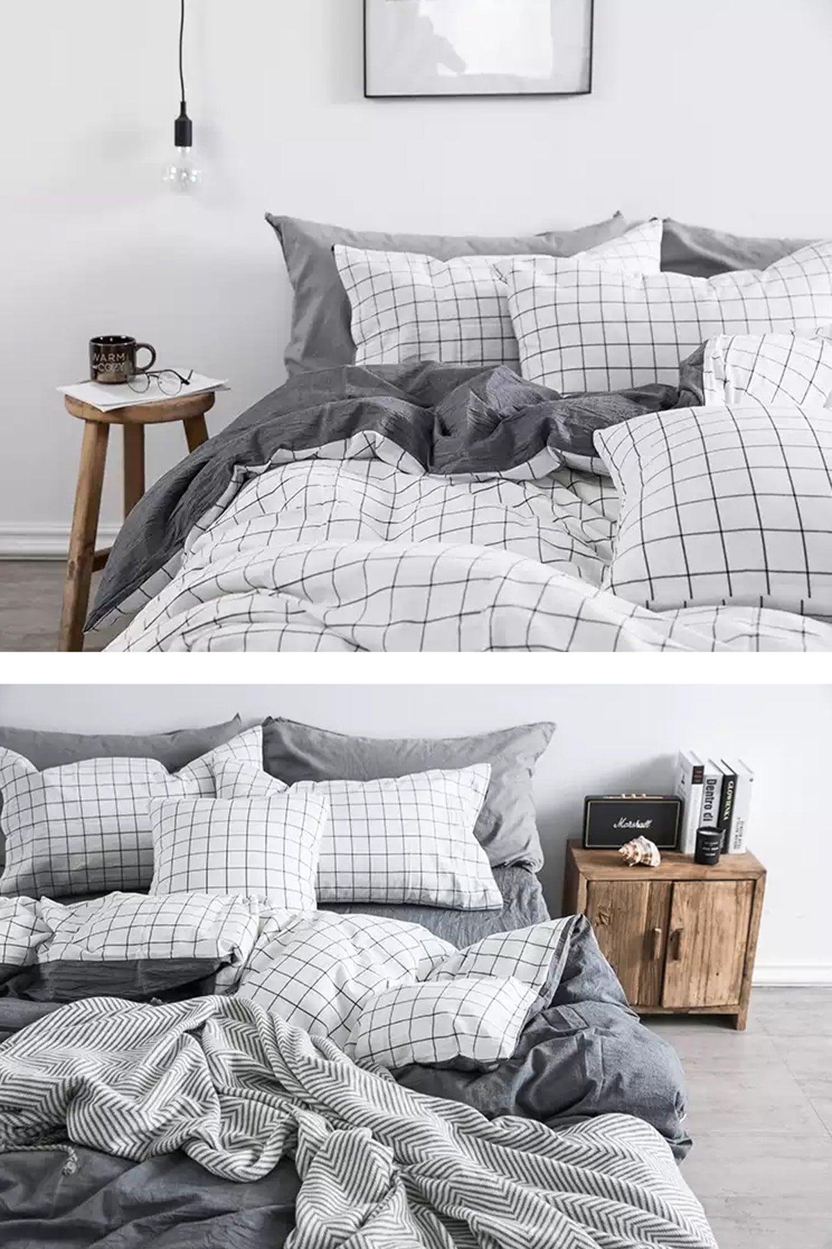 Elastic Bed Linen Duvet Cover Set Double White Small Square White Gray - Swordslife