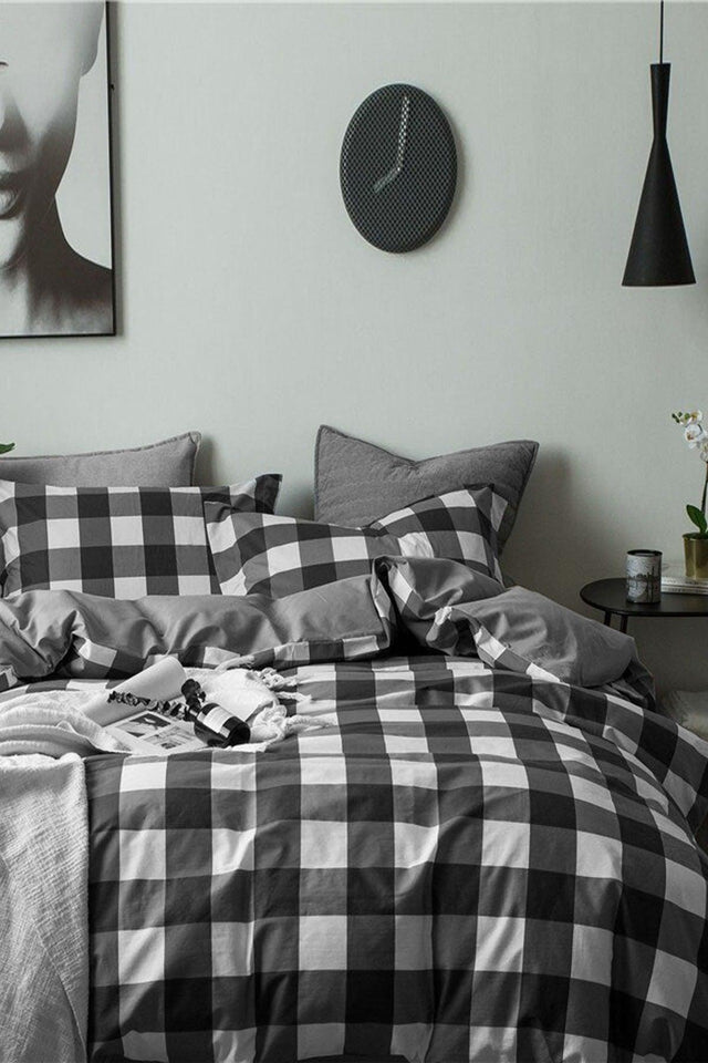 Elastic Bed Linen Duvet Cover Set Double Gingham Large Black-white - Swordslife