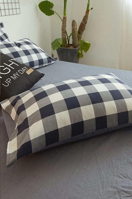 Elastic Bed Linen Duvet Cover Set Double Gingham Large Black-white - Swordslife