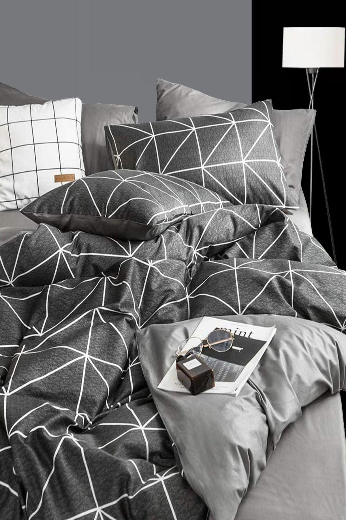 Elastic Linen Duvet Cover Set Single Pyramid Anthracite Gray - Swordslife