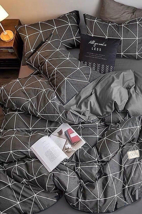 Elastic Linen Duvet Cover Set Single Pyramid Anthracite Gray - Swordslife