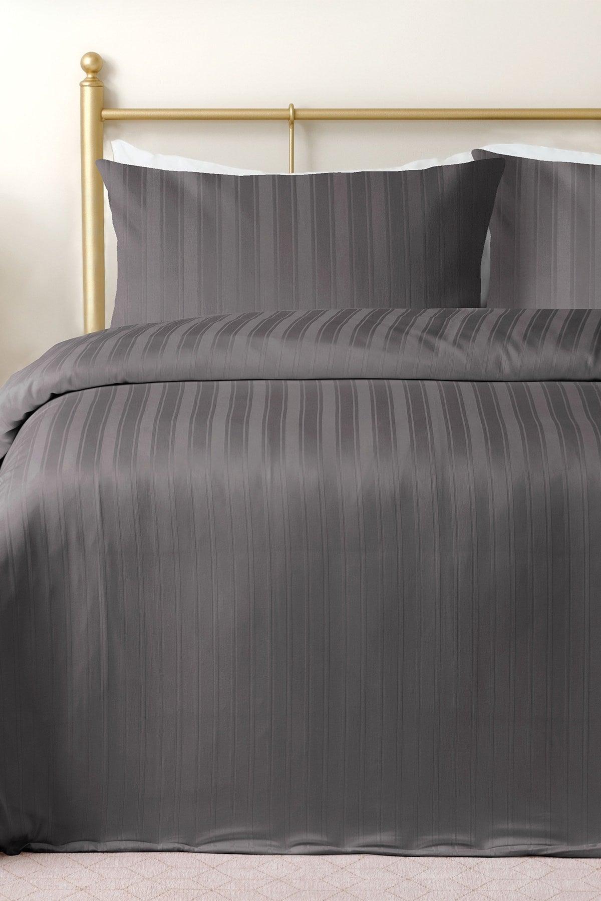 Lior Striped Cotton Satin King Size Duvet Cover Set 240x220 Cm Anthracite - Swordslife