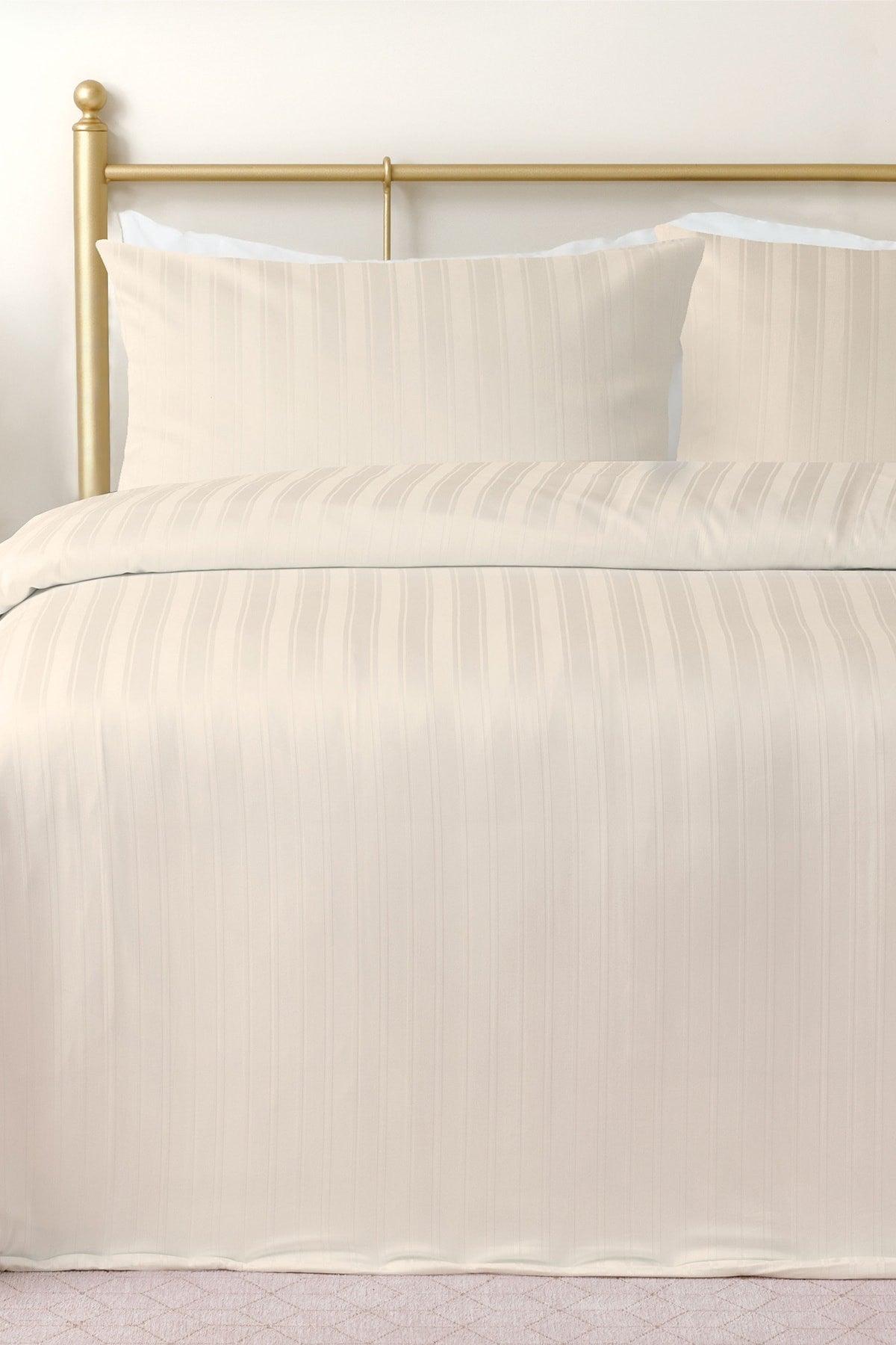 Lior Striped Cotton Satin King Size Duvet Cover Set 240x220 Cm Ivory - Swordslife