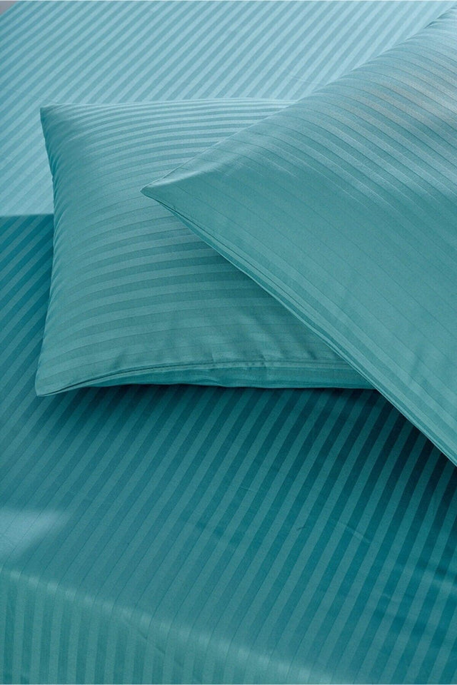 Luxury Hotel Type Double Oversized Elastic Striped Cotton Satin Duvet Cover Set Turquoise Color - Swordslife