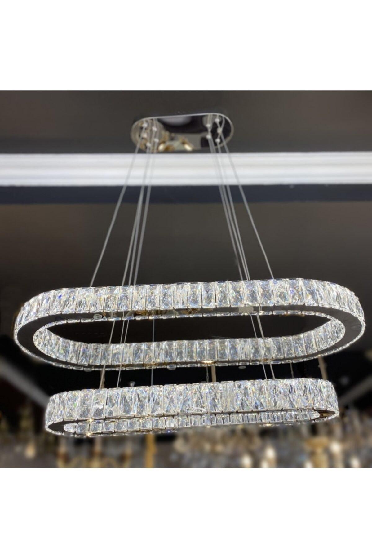 Luxury Modern Crystal Stone Pendant Lamp Led Chandelier Chrome Ellipse Controlled 3 Colors - Swordslife