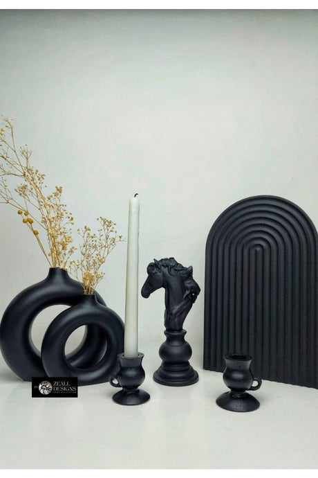 Matte Black Ceramic Bohemian Set - 2 Ring Vase 1 Horse Trinket 1 Large Presentation Rainbow Tray 2 Rose Candle Holders - Swordslife