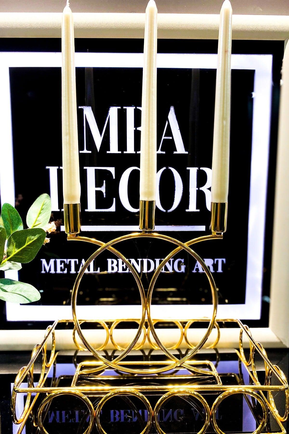 Metal Geometric 3 Pcs ( Triple ) Gold Candlestick Candle Holder Decorative Candle Holder 23cm Stainless Plated Home Decoration - Swordslife