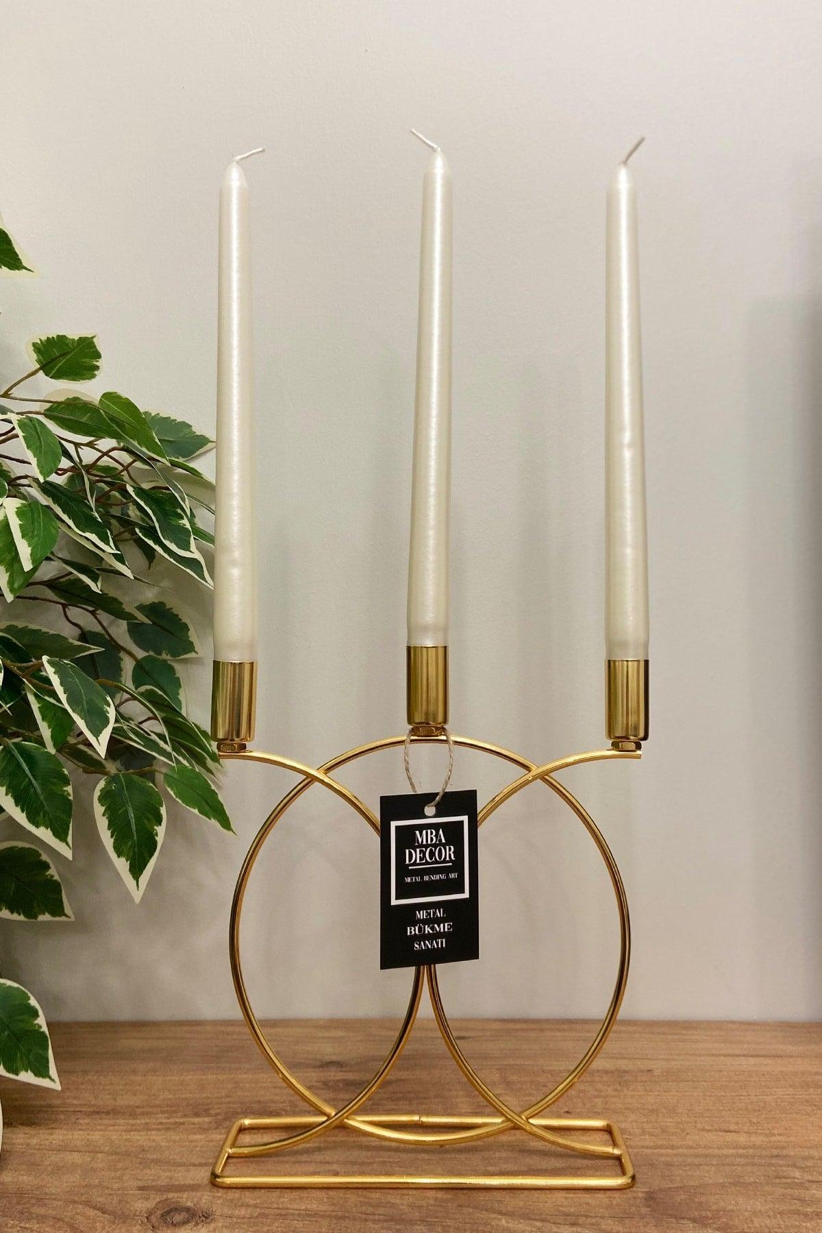 Metal Geometric 3 Pcs ( Triple ) Gold Candlestick Candle Holder Decorative Candle Holder 23cm Stainless Plated Home Decoration - Swordslife