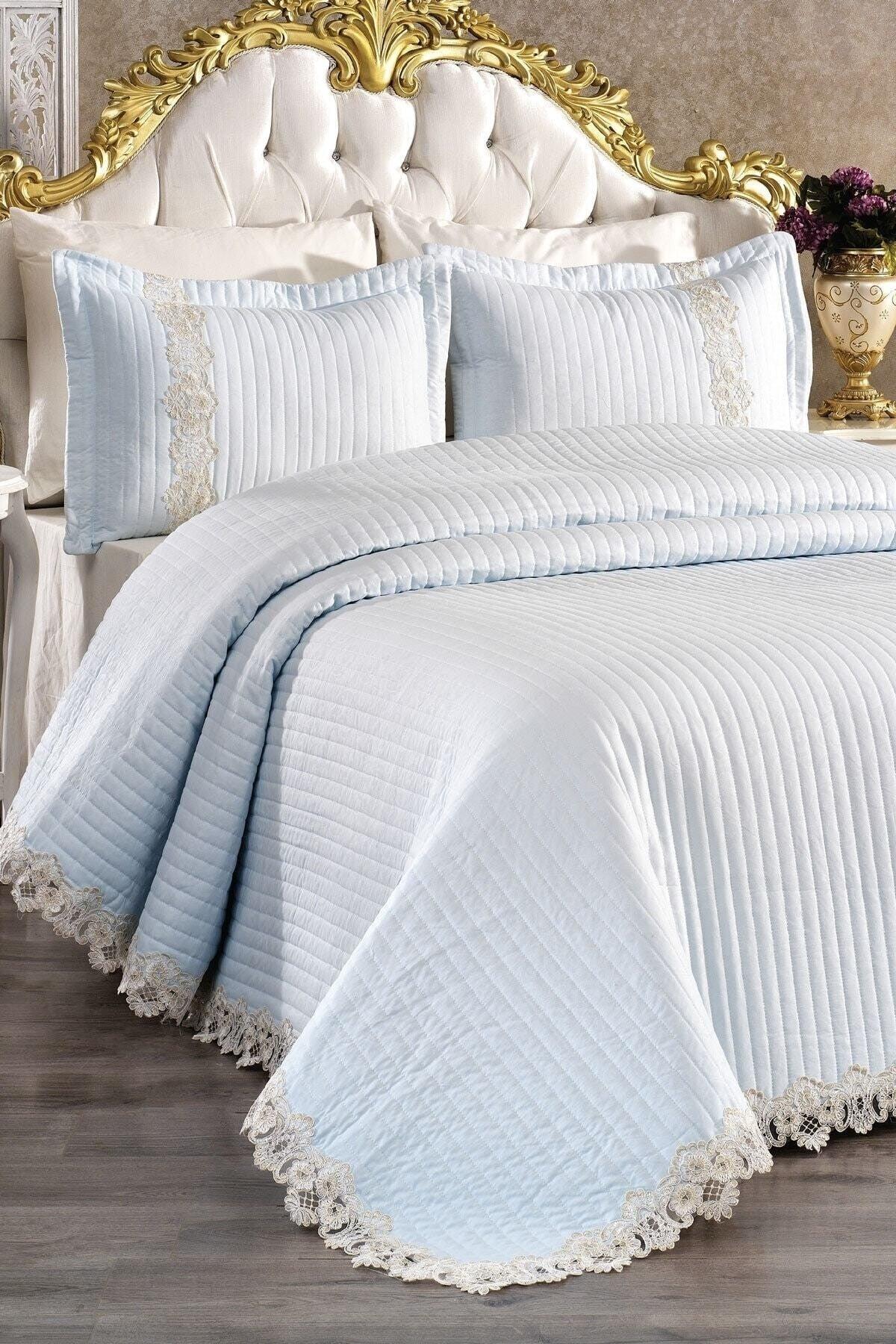 Mihrimah Lace Double 100% Cotton Bedspread ( Pique ) Set Blue - Swordslife