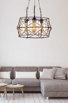 Adjustable Height Triple Globe Chandelier with Jute Rope Design
