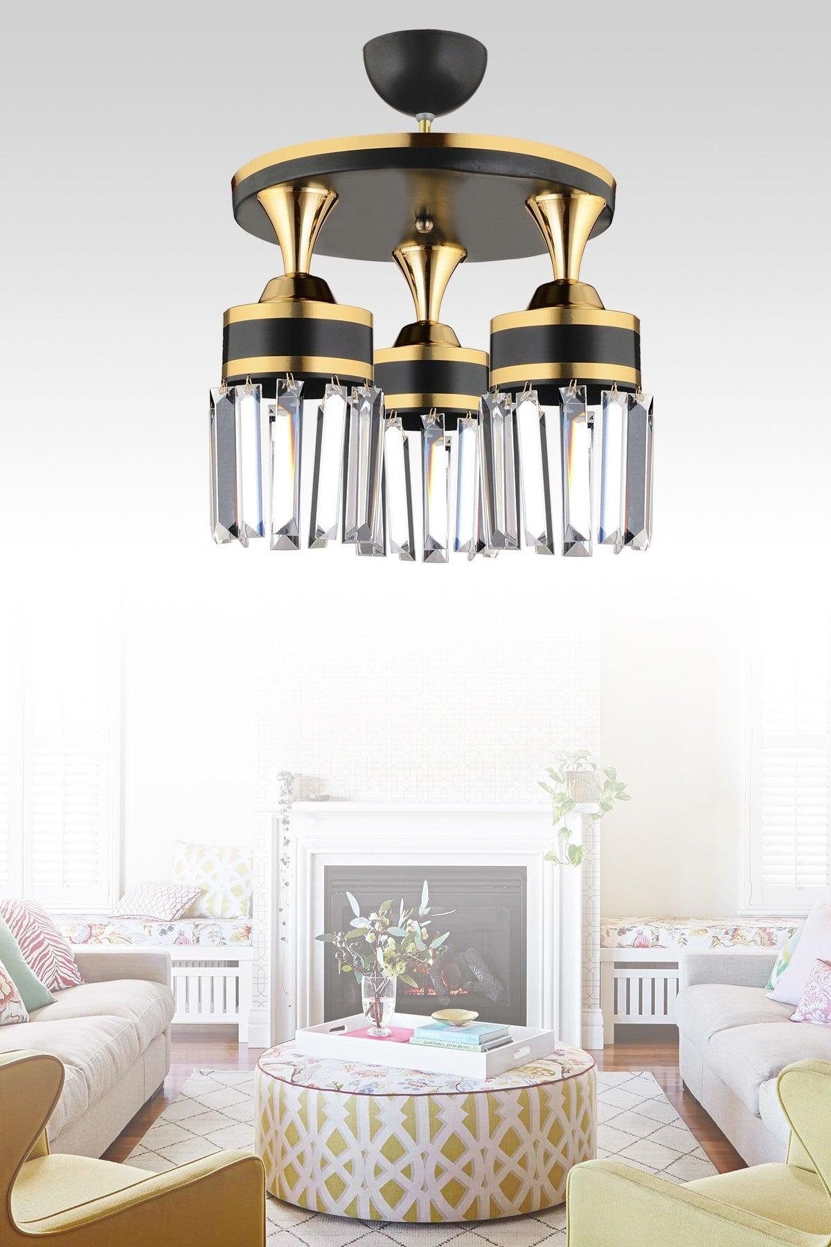 Nairobi 3-Set Black Plafonyer Crystal Stone Yellow Striped Cylinder Downward Facing Luxury Chandelier - Swordslife