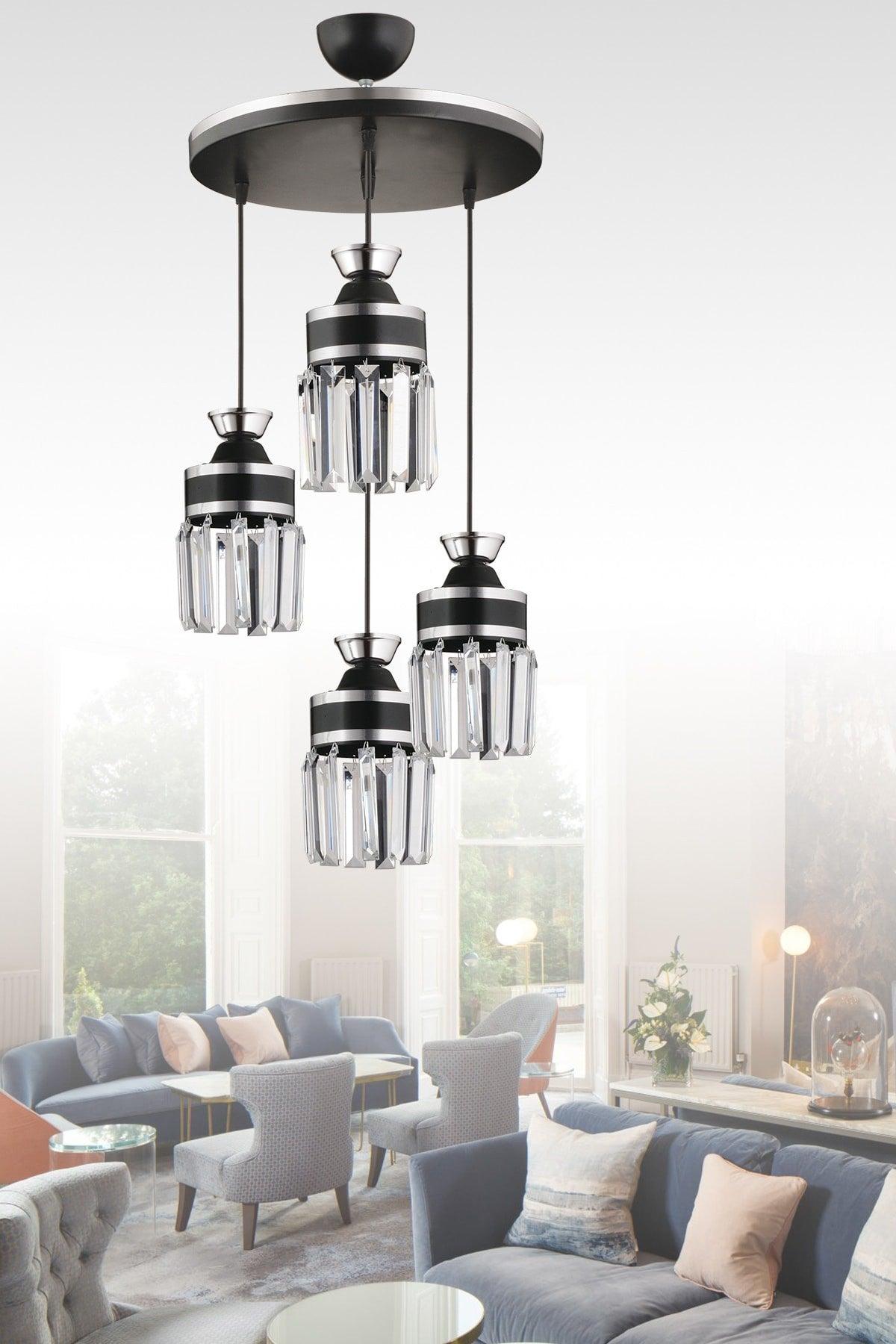 Nairobi 4-Piece Black Pendant Lamp Crystal Stone Chrome Strip Cylinder Downward Facing Luxury Chandelier - Swordslife