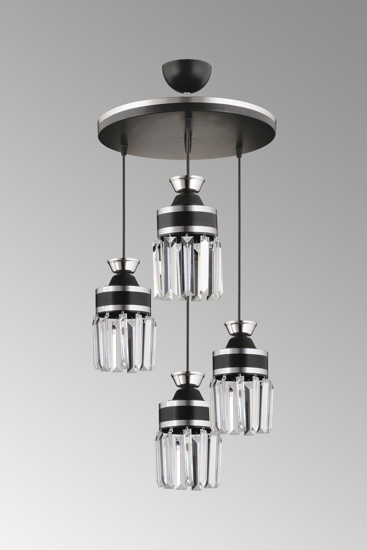 Nairobi 4-Piece Black Pendant Lamp Crystal Stone Chrome Strip Cylinder Downward Facing Luxury Chandelier - Swordslife