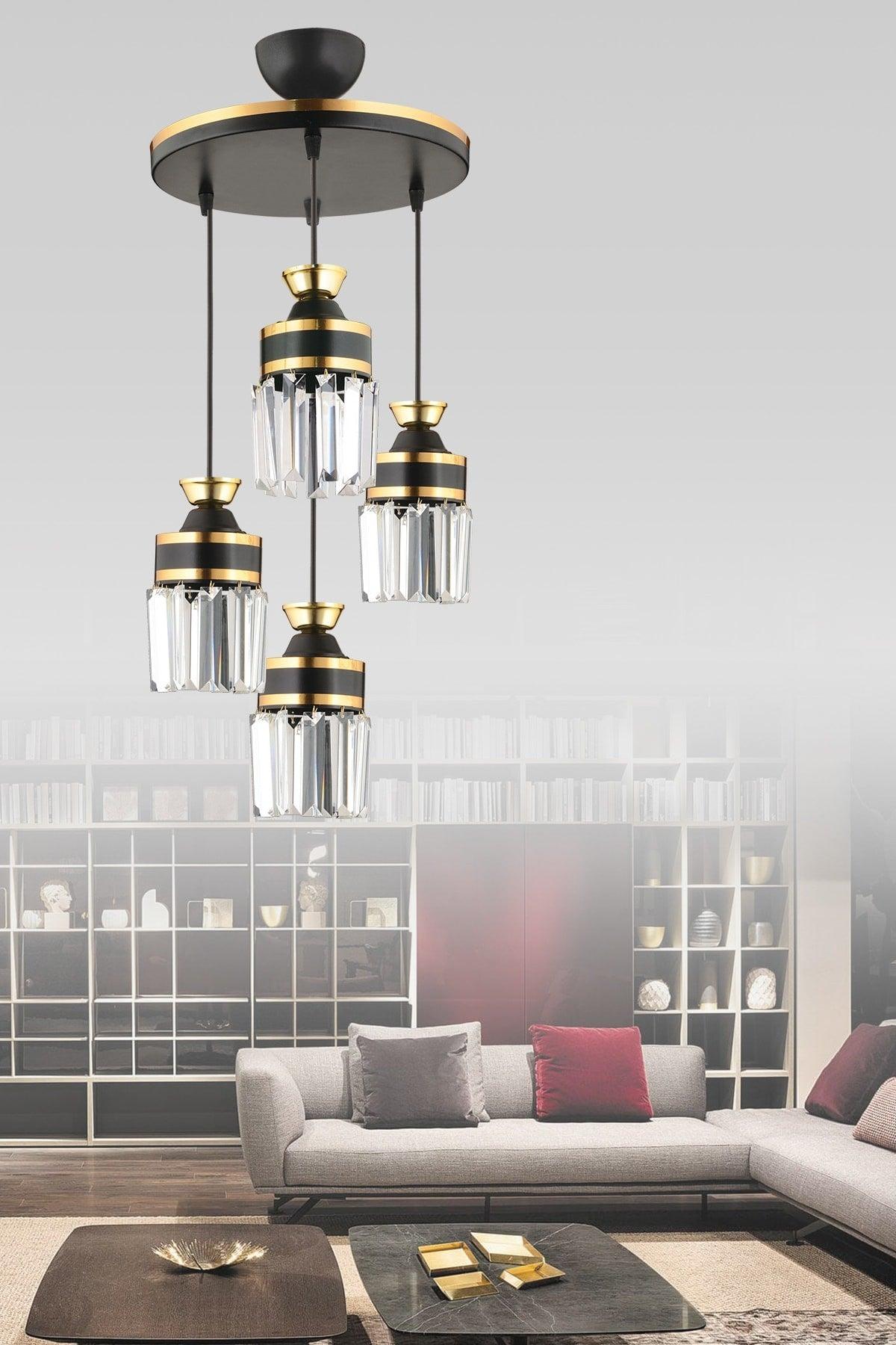 Nairobi 4-Piece Black Suspension Crystal Stone Yellow Striped Cylinder Downward Facing Luxury Chandelier - Swordslife