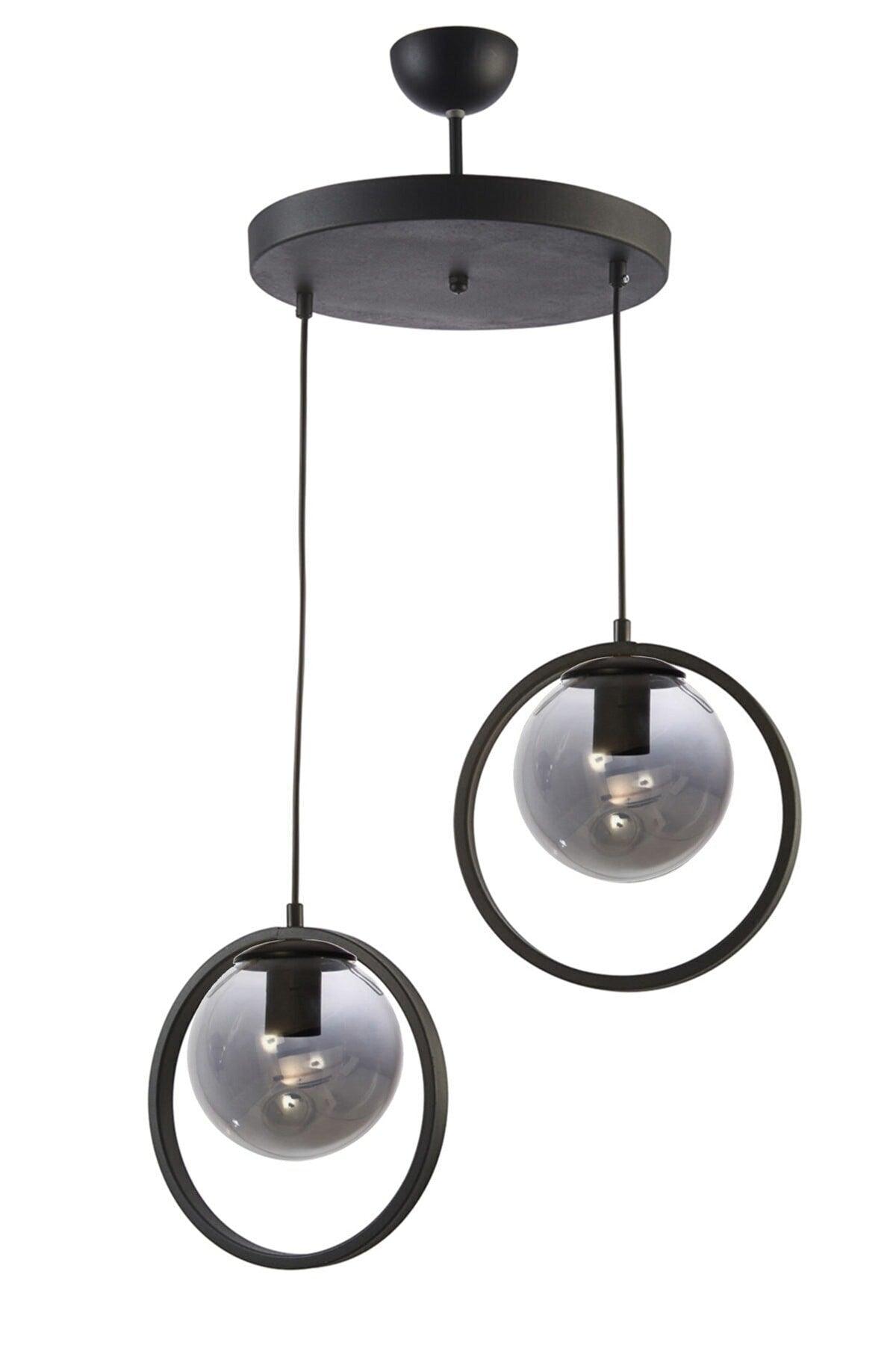 Nina Modern Metal Black Color Ring Indoor Smoked Glass 2 Lid Chandelier - Swordslife