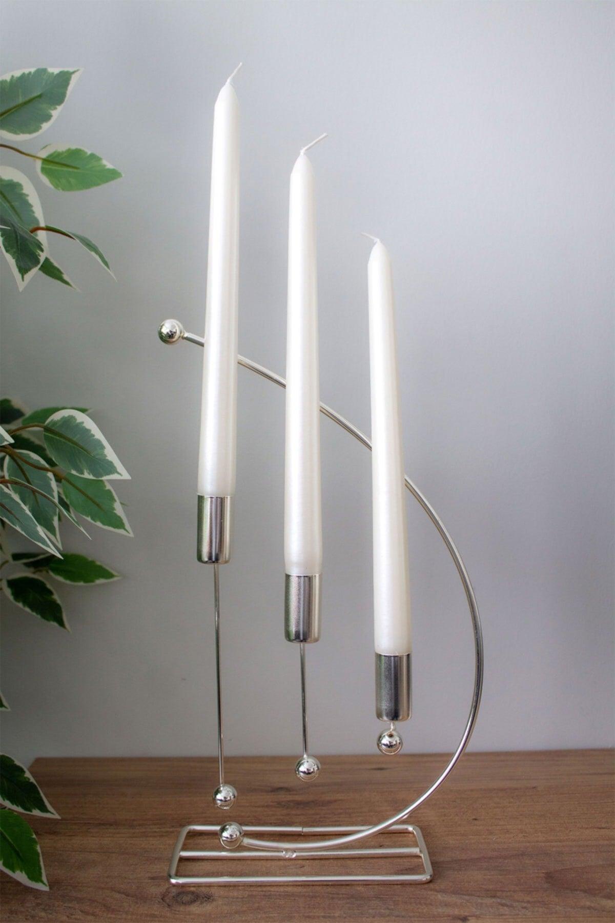 Nota Model Silver Metal 3 Pcs Candlestick Triple Candle Holder Decorative Candle Holder 25cm Stainless Plated Home Decoration - Swordslife