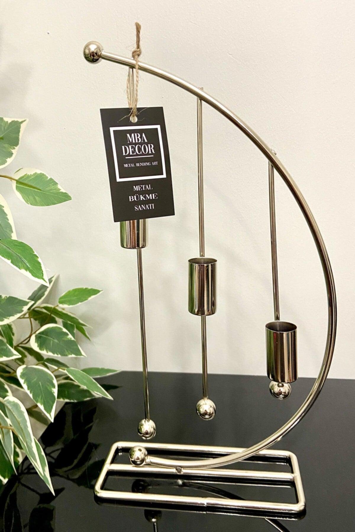 Nota Model Silver Metal 3 Pcs Candlestick Triple Candle Holder Decorative Candle Holder 25cm Stainless Plated Home Decoration - Swordslife