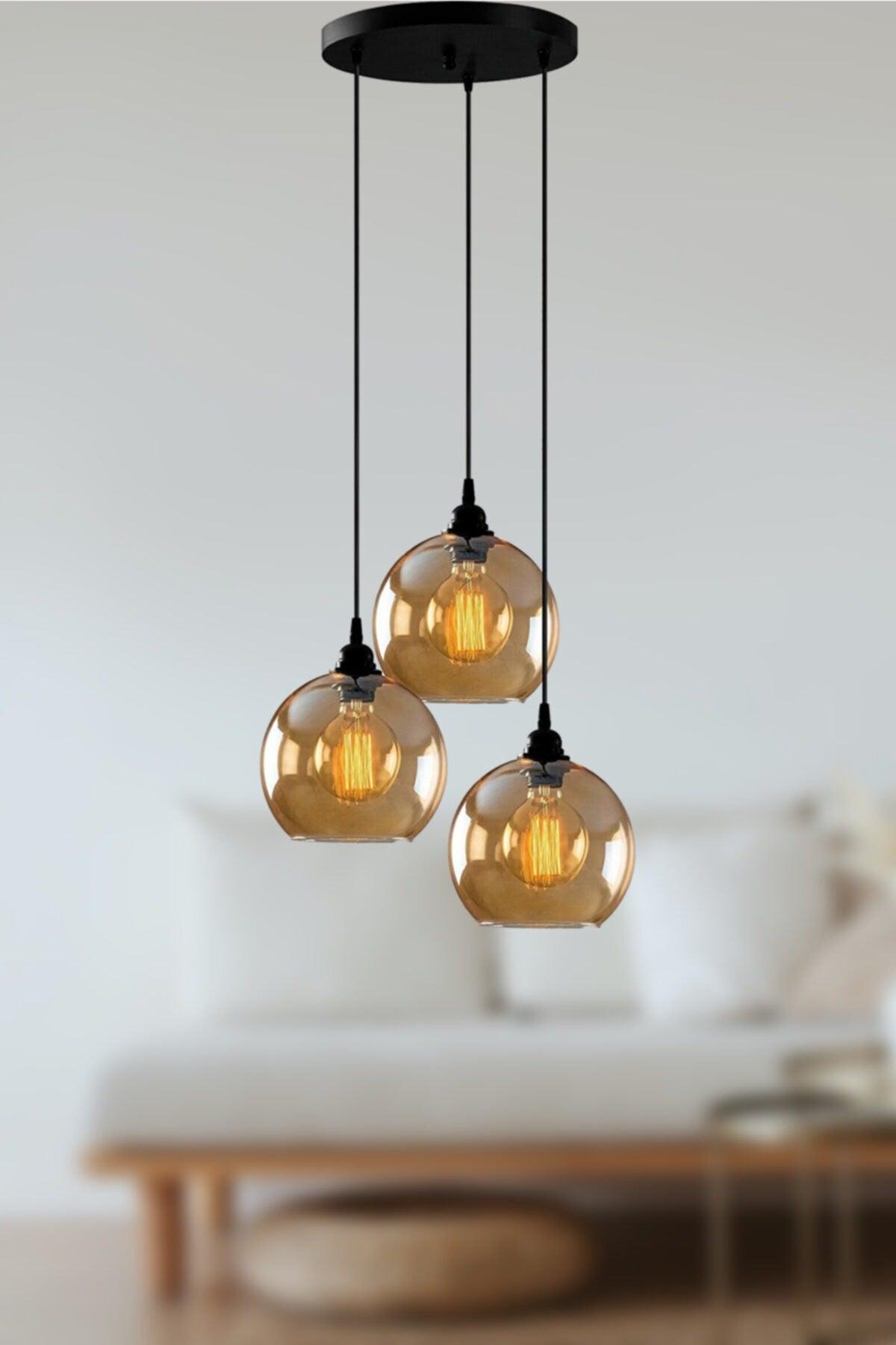 Opvik Special Design Modern Sport Black Color Honey Color Glass Pendant Lamp 3 Piece Chandelier - Swordslife