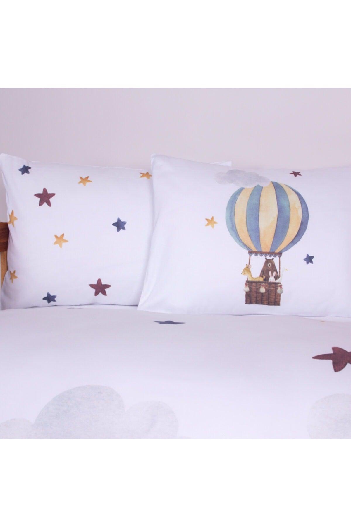 Organic Printed Cotton Satin Baby Duvet Cover Set - Teddy Bear, Flying Balloon And Star Themed - Swordslife