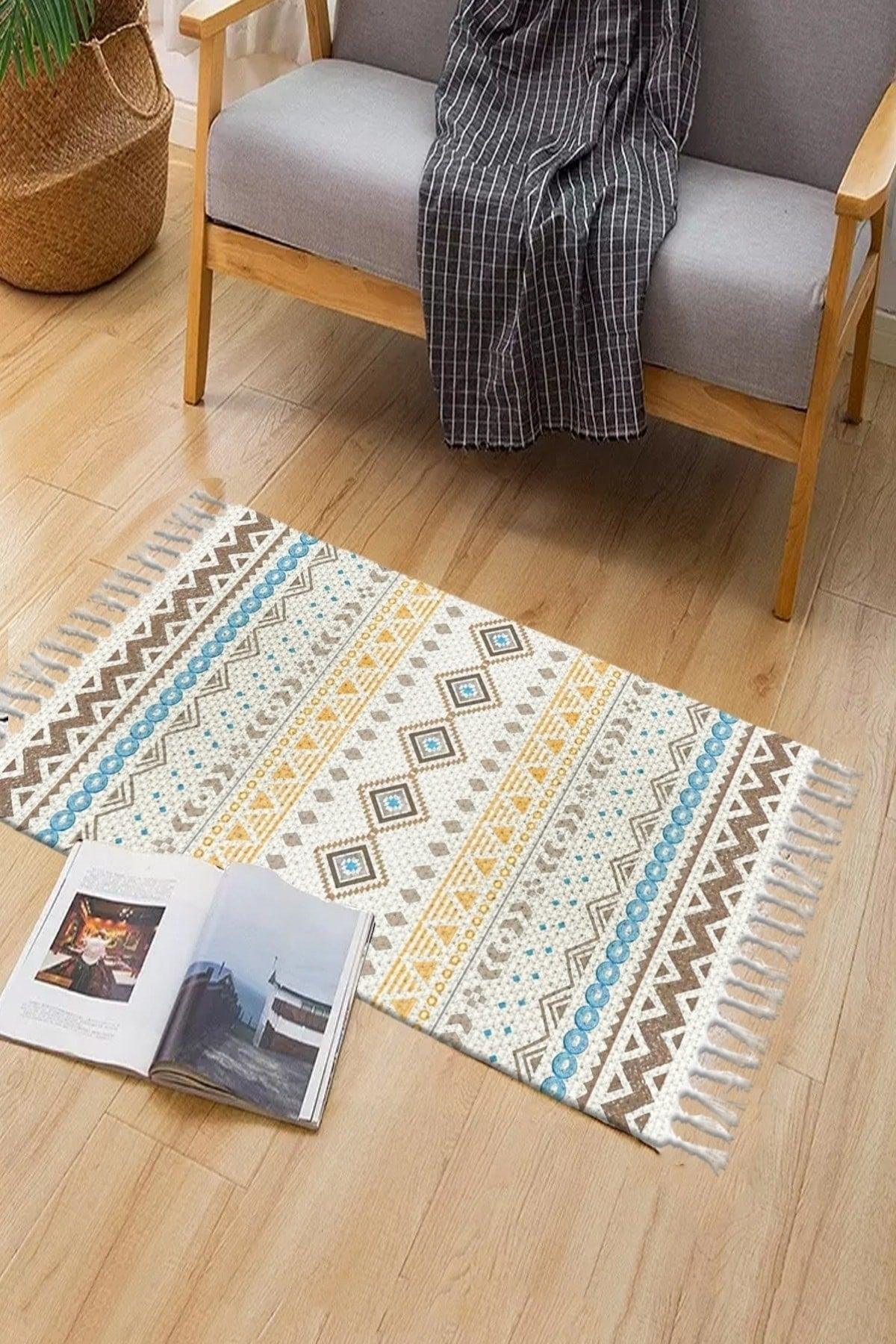Osso Patterned Washable Modern Single Bath Mat Carpet Vintage Woven Rug 50x80cm Byns-07 - Swordslife