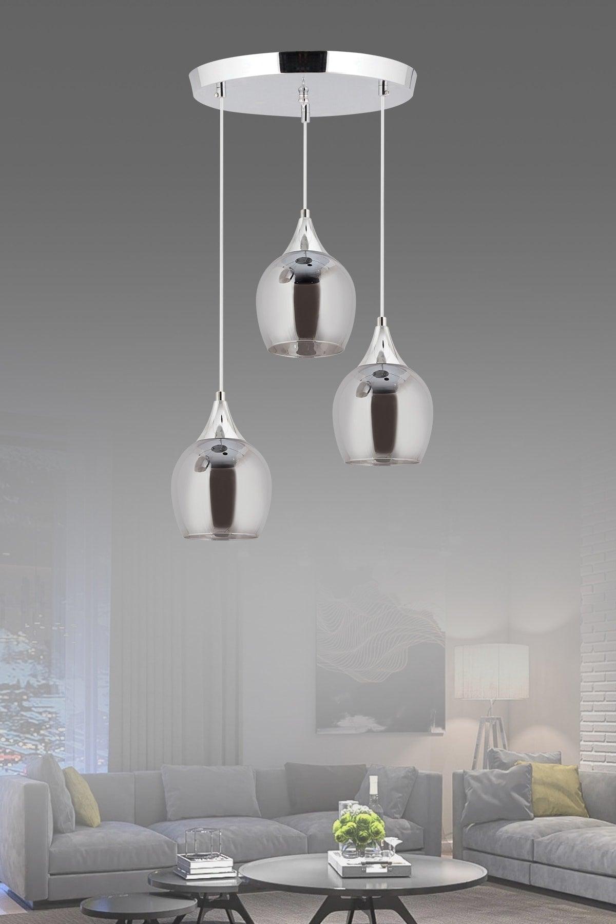 Pendant Lamp 3 Pieces Silver Smoked Opaque Glass Chandelier with Funnel