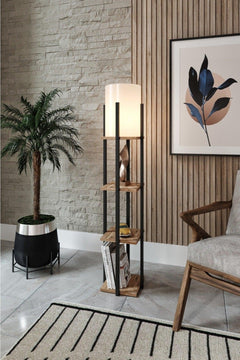 Modern pine-style floor lamp with fabric shade and E27 bulb socket