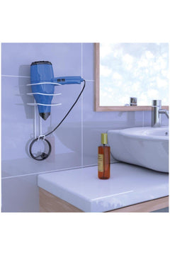 White wall-mounted hair dryer rack with metal holder