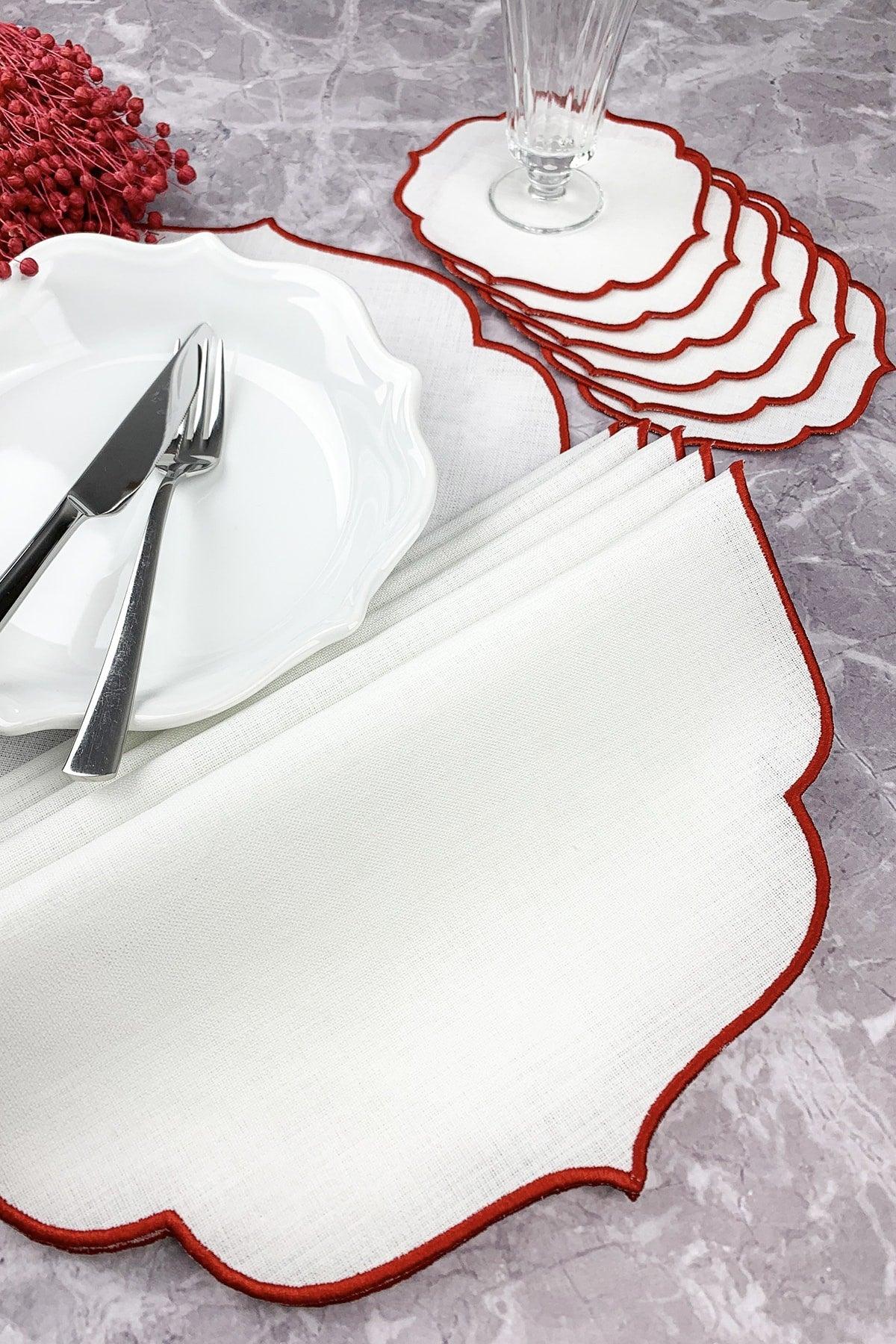 Red Embroidered 12 Piece Set Placemat And Cocktail Napkin - Swordslife