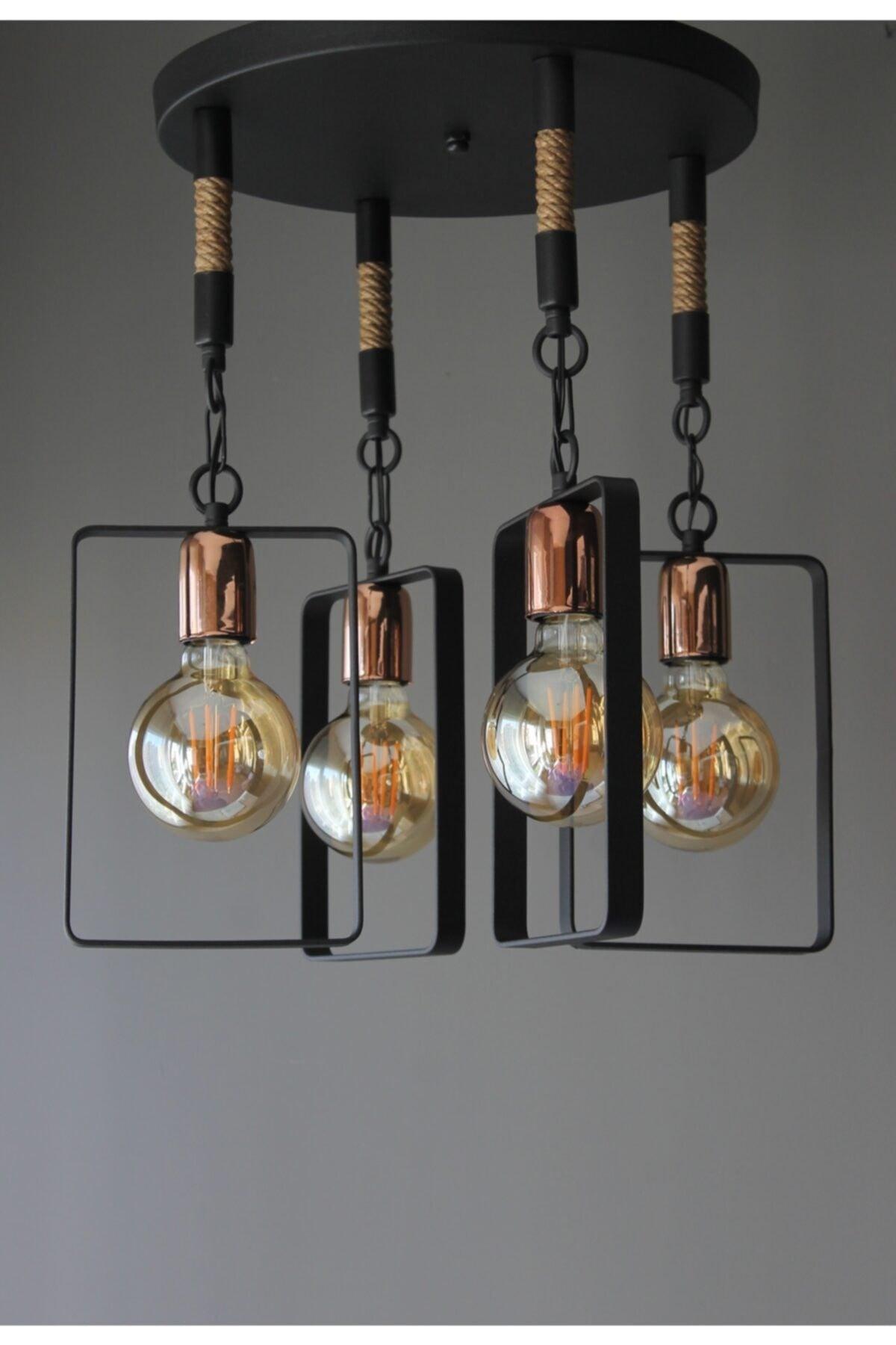 Retro Rustic Sport Modern Wintage Glossy Copper Rope Black 4-Piece Pendant Chandelier - Swordslife