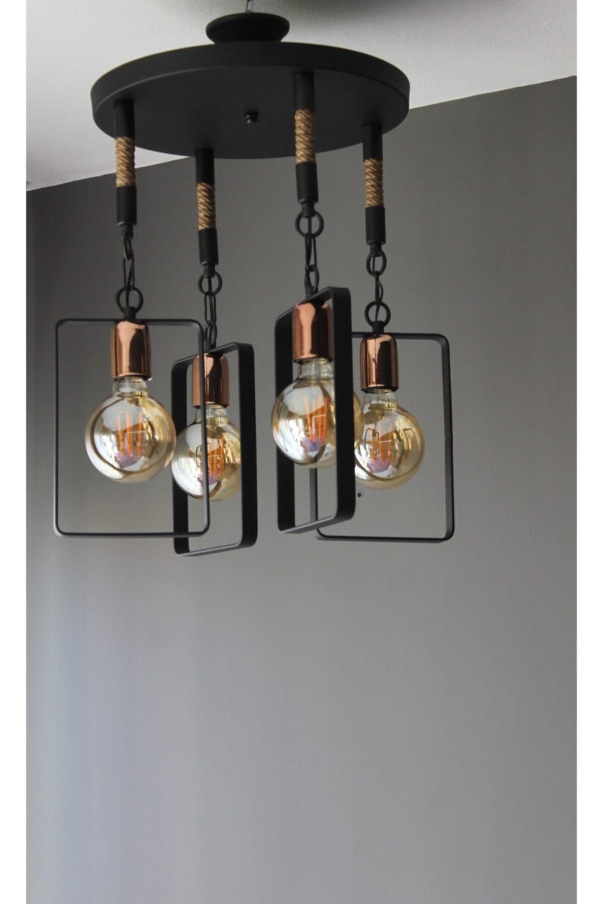 Retro Rustic Sport Modern Wintage Glossy Copper Rope Black 4-Piece Pendant Chandelier - Swordslife