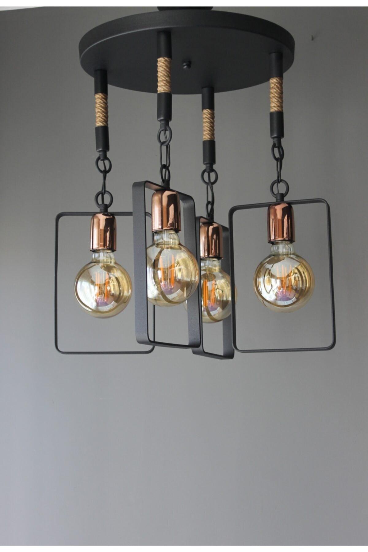 Retro Rustic Sport Modern Wintage Glossy Copper Rope Black 4-Piece Pendant Chandelier - Swordslife