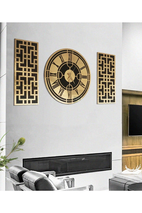 Roman Numeral Modern & Stylish Design Mdf Gold Mirrored Plexi 3-Wall Clock Set - Swordslife