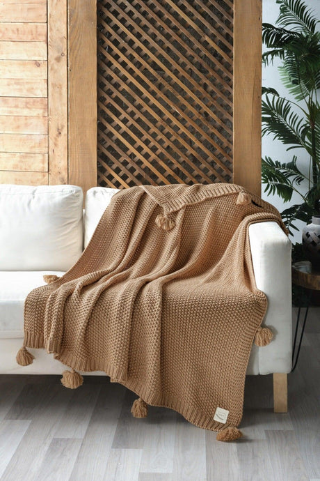 Valentine's Day Gift Coco Rice Knitted Pompom Knitwear TV Blanket Throw Camel - Swordslife