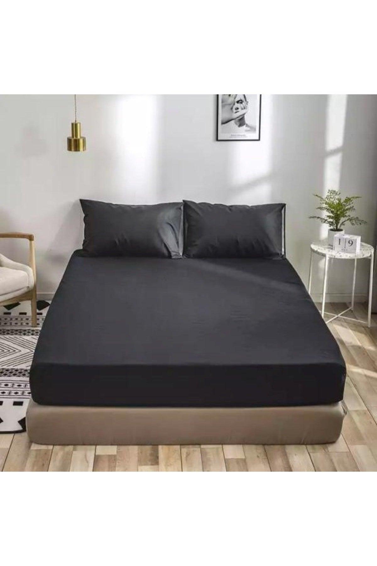 Black Colored Elastic Bed Sheet Set (Cotton Duvet Cover, Pillowcase) 7 Different Sizes - Swordslife