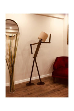 Natural pine wood corner floor lamp with beige fabric shade