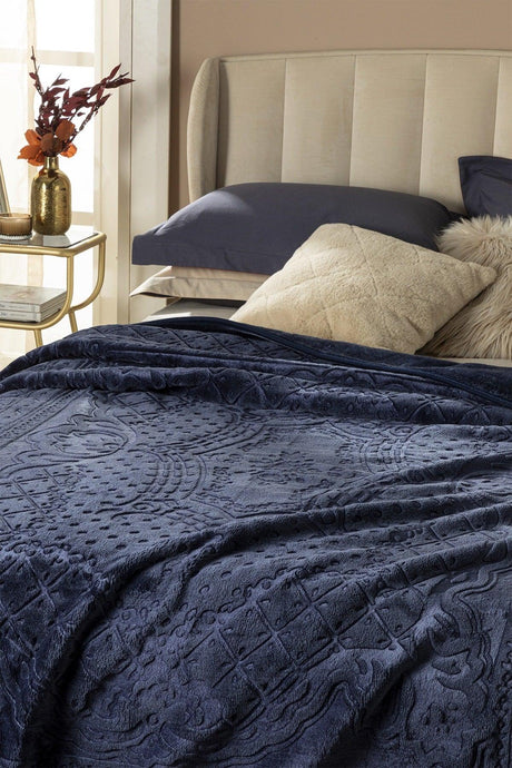 Timeless Emboss Double Blanket 200x220 Cm Navy Blue - Swordslife