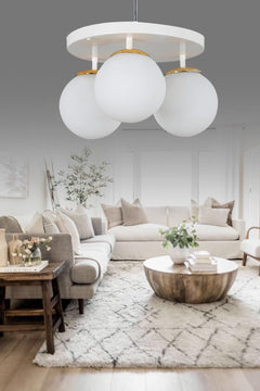 3-piece white glass chandelier with metal frame