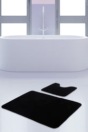 Unicolor Plain Black 2 Piece Bath Mat Rug Set Non-Slip Toilet Seat Base Set - Swordslife