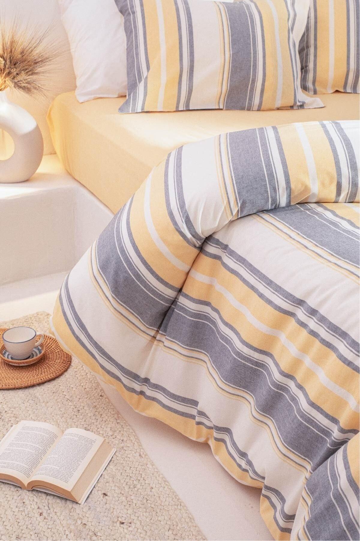 Viento Duvet Cover Set Cotton Polyester Gray Ecru Striped Yellow Single 9500a - Swordslife