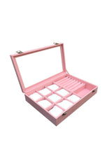 Watch + ring + Cufflink + glasses Multi-Purpose Jewelry Box Suede Pink Coating on Wooden Case - Swordslife