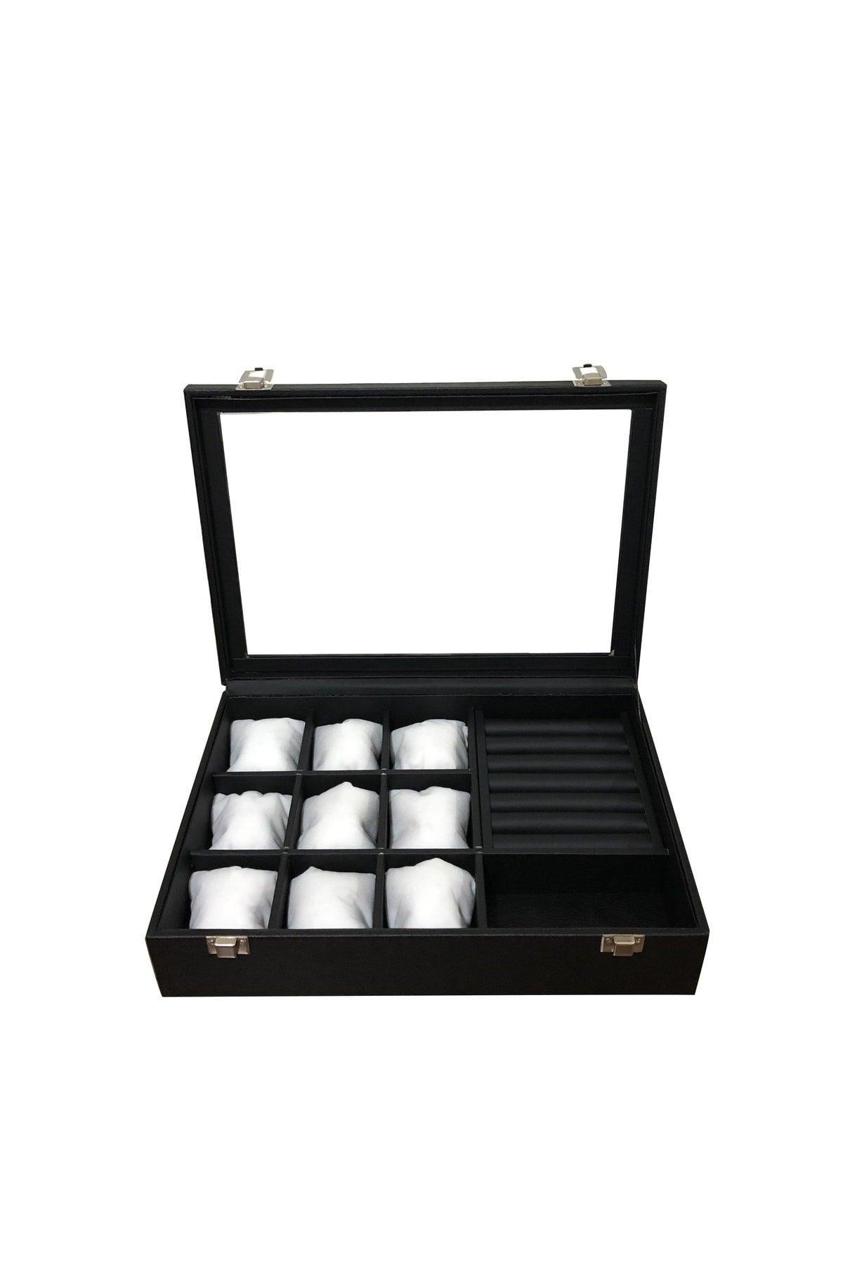 Watch Ring Cufflinks And Glasses Multi-Purpose Jewelry Box Black Inside Black Leather Plated - Swordslife